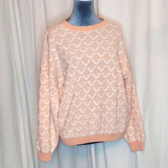 Vintage Sweaters - 80s Vintage 22W Oversized Sweater Peaches n Cream Diamond Pattern Knit